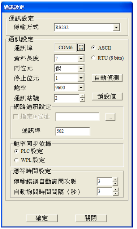 通信設置：依所需的通訊方式進行設定。